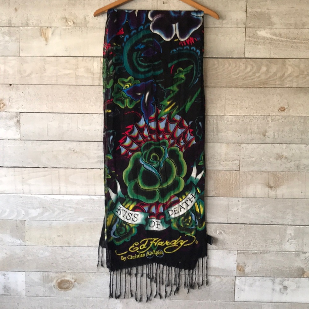Ed Hardy Kiss of Death Black Graphic fringe Scarf unisex